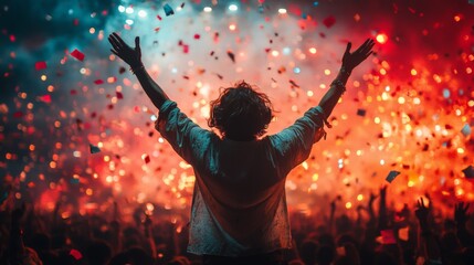 A person stands with arms raised, celebrating amidst a lively festival filled with bright lights and colorful confetti. The energy is palpable as the crowd enjoys the moment.