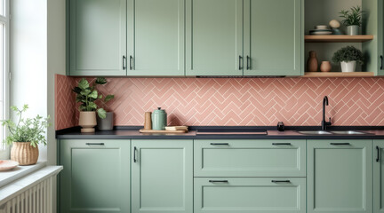 Fototapeta premium contemporary kitchen with pale green cabinets pink herringbone tile backsplash