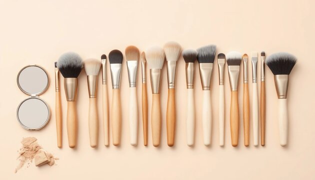 Makeup Brushes Collection Flatlay of Cosmetic Tools Powder and Compact Mirror