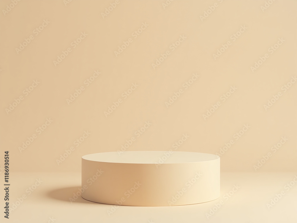 Aufkleber a minimalist wooden podium sits on a simple beige background, ideal for product presentation in a cl