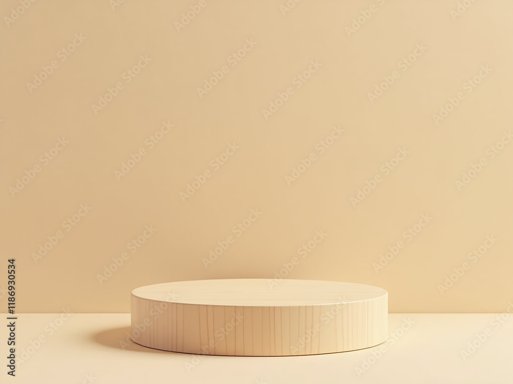 Poster a minimalist wooden podium sits on a simple beige background, ideal for product presentation in a cl