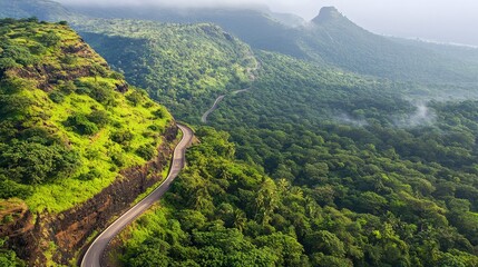Winding mountain road, lush green landscape, aerial view, travel.