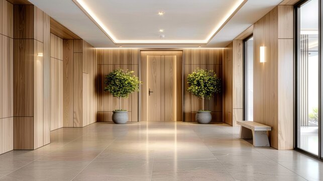 Contemporary Grand Entrance with Wooden Paneling and Elegant Interior Design