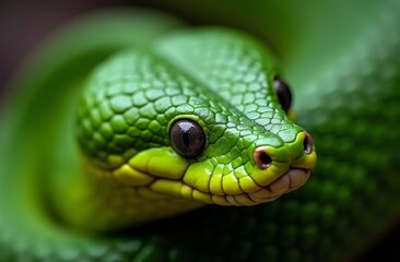 Obraz premium Close-up of vibrant green snake with detailed scales and large round eyes, showcasing natural texture and color in a blurred jungle background
