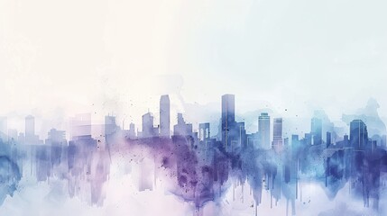 Fototapeta premium A watercolor skyline illustration featuring a blend of soft colors and city silhouettes.