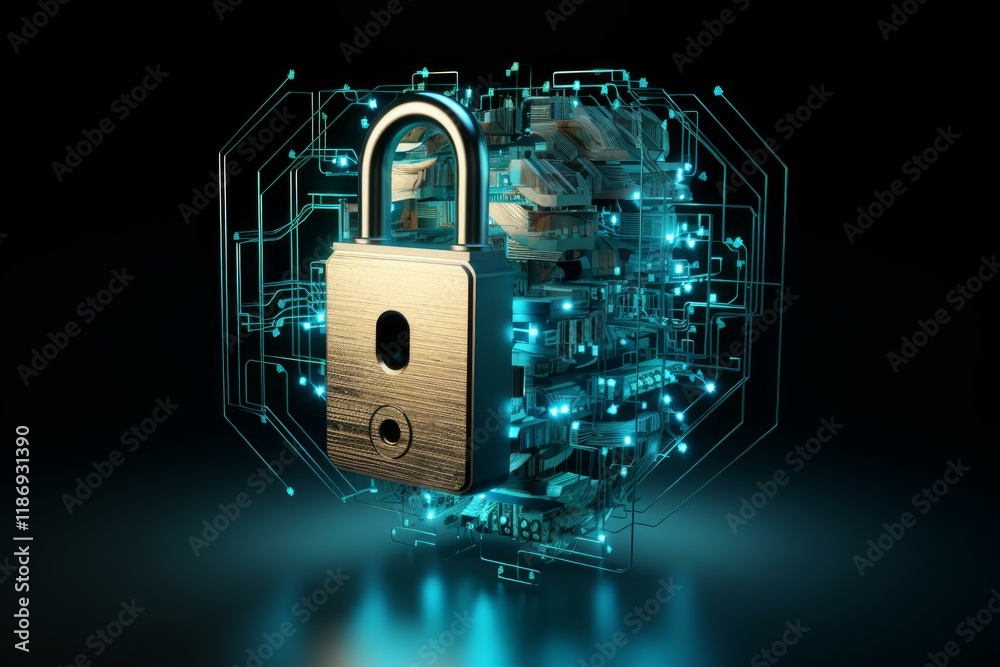 Poster secure digital information with advanced cybersecurity technology, featuring a padlock safeguarding 