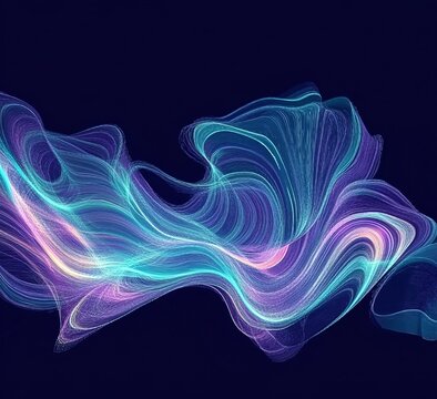 A dynamic digital art piece featuring an abstract representation of light waves, with swirling lines and soft gradients creating the appearance of energy flow on a dark blue background.