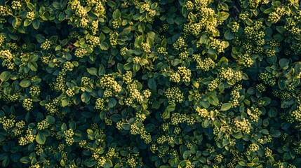 Lush green foliage, spring bloom, garden, overhead view, nature background texture.