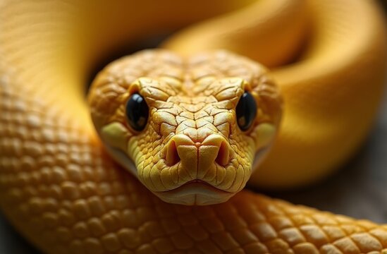 Detailed close-up of a vibrant yellow python's face with intricate scales and striking black eyes, coiled in a natural pattern