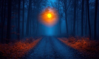 Obraz premium A serene forest path illuminated by a glowing sun, surrounded by mist and autumn foliage.