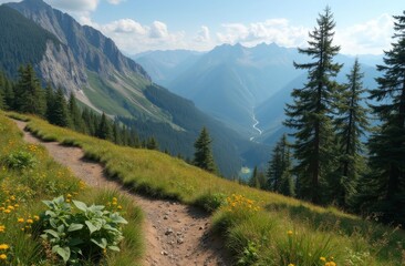 Obraz premium Winding mountain trail lined with wildflowers and surrounded by pine trees, overlooking a vast valley with towering peaks in the distance under a clear blue sky