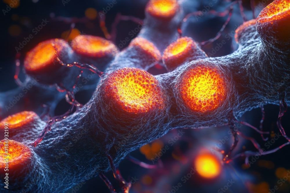 Poster Glowing cancer cells revealing cellular structure under microscopic observation at a laboratory setting. Generative AI