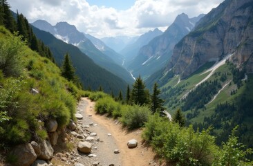 Obraz premium Scenic mountain trail surrounded by lush greenery and towering peaks under a partly cloudy sky in a picturesque valley