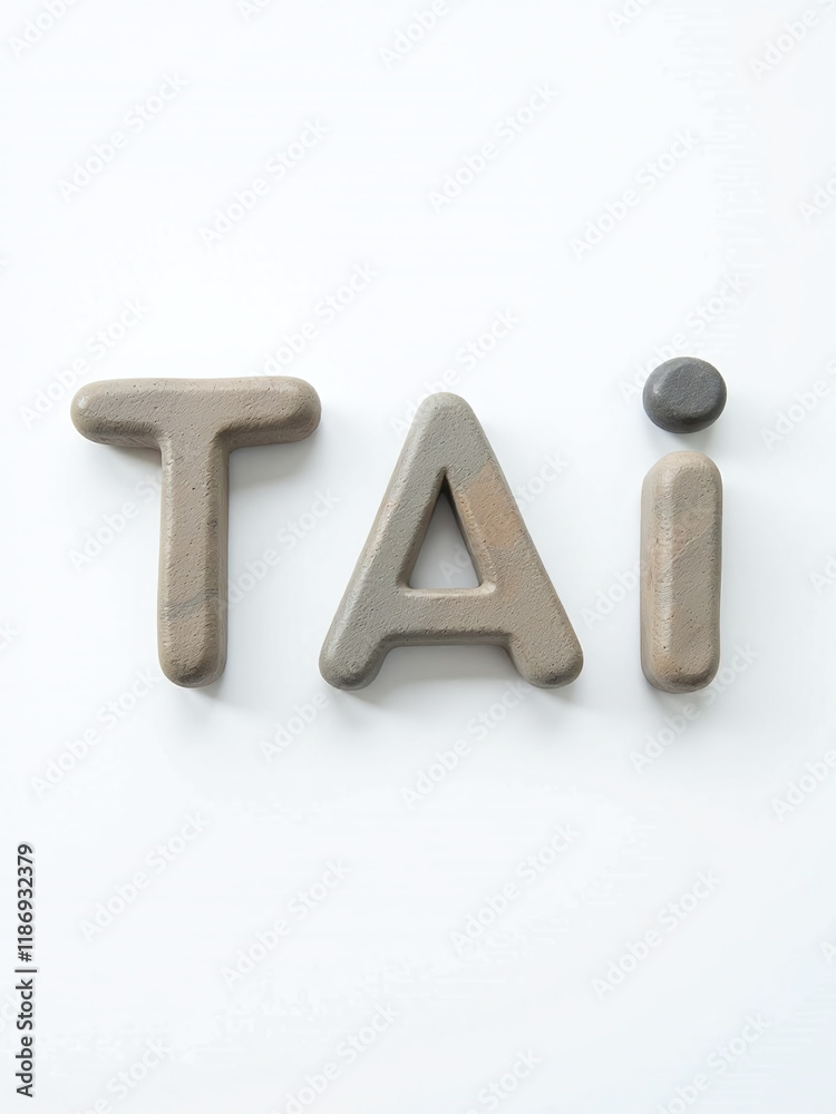 Poster a minimalist image features a tai chi text made out of stones, isolated against a white background i