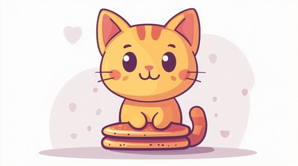 Cute cartoon cat character sitting on a colorful macaron with a cheerful expression and playful design, perfect for children's illustrations and playful themes.