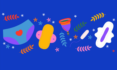Pad, Menstrual Cup, Tampon and flowers. Period days. Feminine hygiene products. Menstrual cycle and menstrual products. Period days. Feminine hygiene products. Menstrual cycle