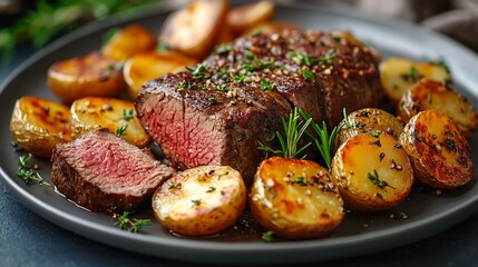 Sliced beef tenderloin steak with roasted potatoes.