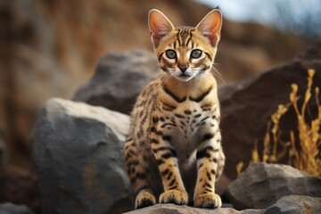 Obraz premium Portrait of a funny savannah cat in rocky cliff background