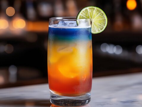 A vibrant, multi-colored layered cocktail in a frosted glass, garnished with a fresh lime slice, set on a sleek marble bar counter with a soft blurred background, ideal for celebrations