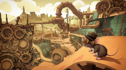 Mouse Engineer Surveys Steampunk Desert Factory.