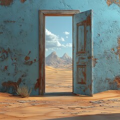 A weathered blue door stands open, revealing a stunning desert landscape with mountains in the distance.