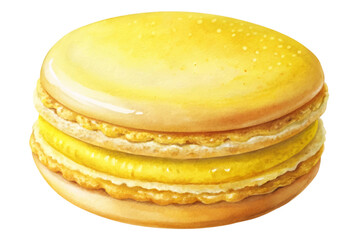 Yellow macaron dessert, watercolor illustration, sweet pastry, gourmet treat, vibrant colors, food art.