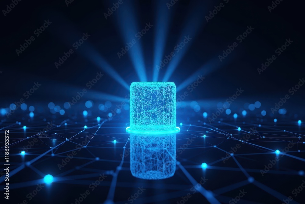 Poster abstract digital cylinder with light emitting rays on a dark background representing technology and 