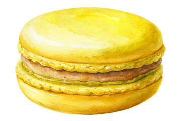 Yellow macaroon dessert, watercolor illustration, sweet pastry art, gourmet food styling, vibrant colors, culinary design.