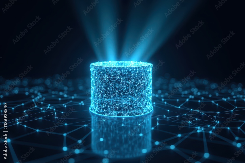 Poster futuristic cylinder with light rays and network connections symbolizing data processing and technolo