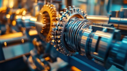 Fototapeta premium Close up of complex gears rotating, showcasing precision engineering and advanced manufacturing processes in an industrial factory setting, highlighting the intricate mechanics of modern machinery