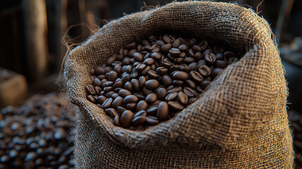 A burlap sack filled to the brim with dark roasted coffee beans awaits processing