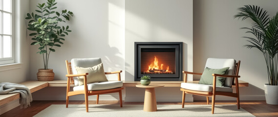 two armchairs flank a modern fireplace a bright living room.