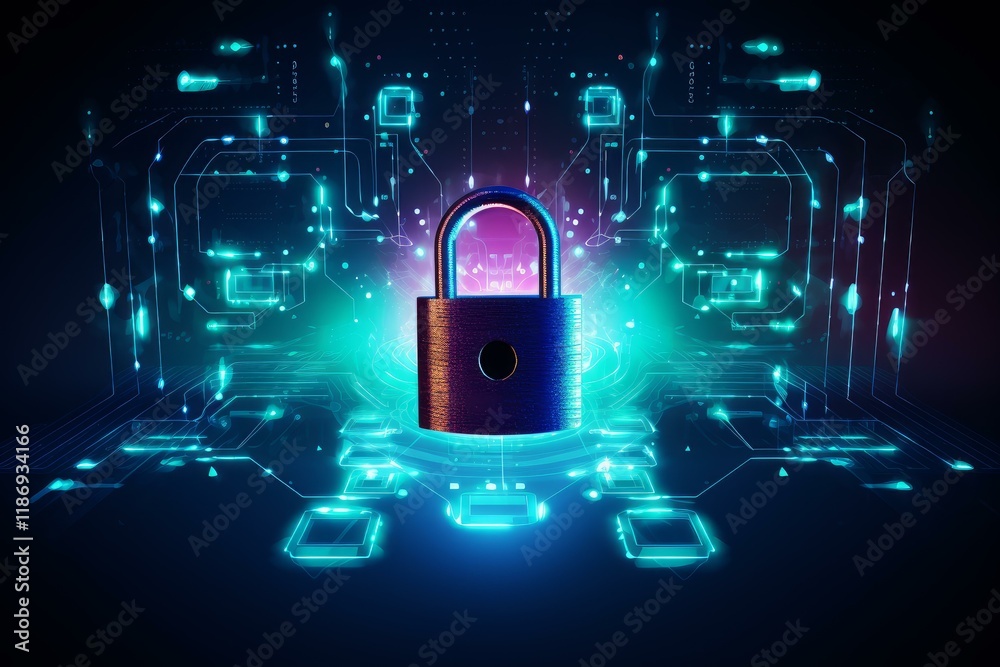 Poster closed padlock securing sensitive data in a futuristic digital environment, symbolizing cybersecurit