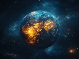 Obraz premium A vibrant depiction of Earth illuminated at night, showcasing city lights against a cosmic backdrop.
