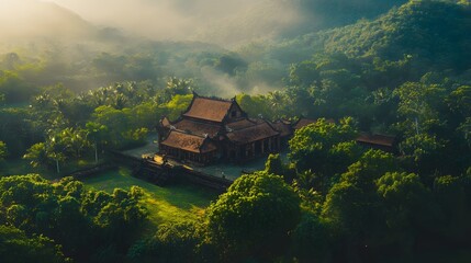 Ancient Temple Nestled Within Lush Green Forest Landscape