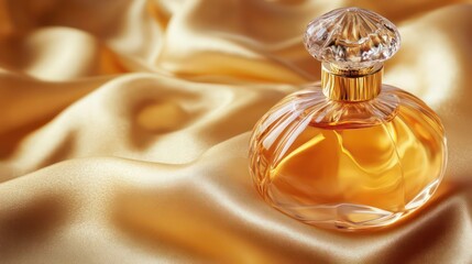 Perfume bottle on golden satin background, close-up