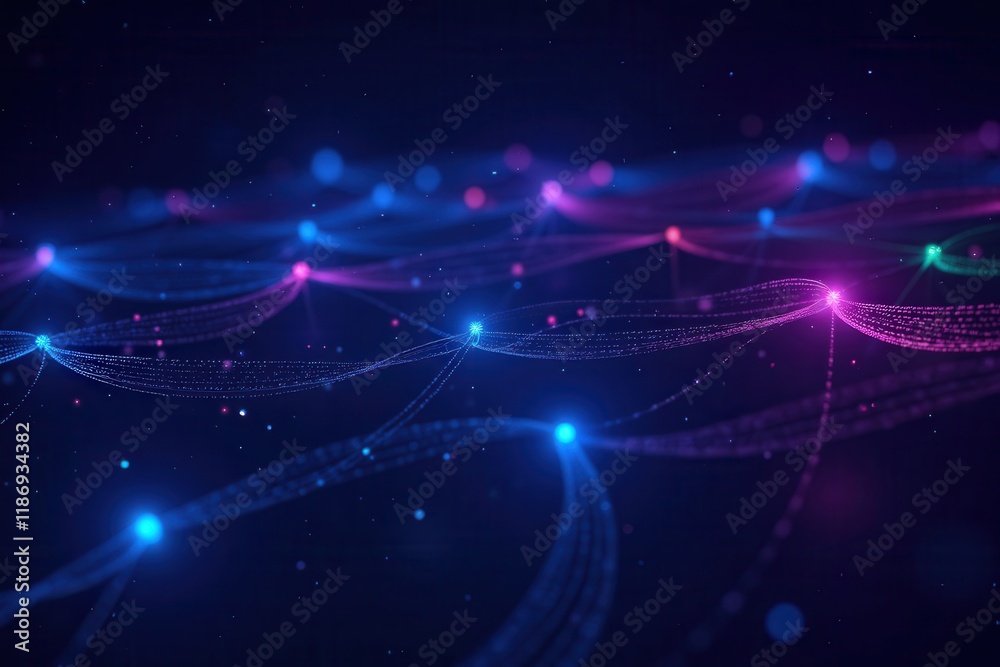 Fototapete vibrant abstract network connections with colorful nodes and flowing lines in a digital space design