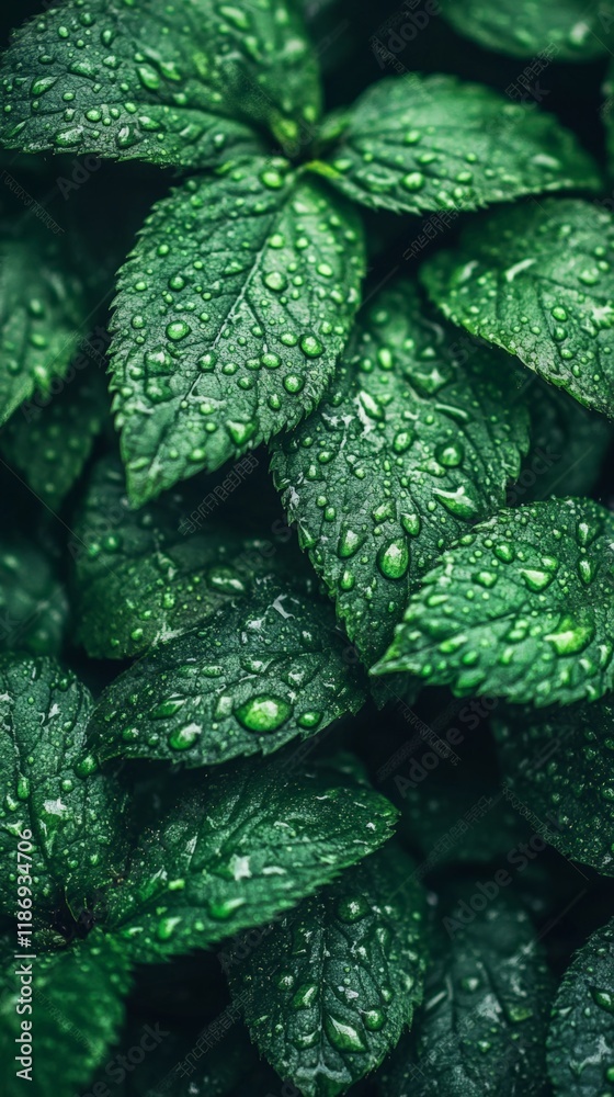 Poster close up of lush green leaves covered in fresh water droplets, creating a natural and refreshing tex