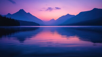 Fototapeta premium Lake at twilight with mountains and golden sunset glow