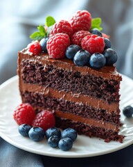 Delicious chocolate cake slice with raspberries and blueberries.
