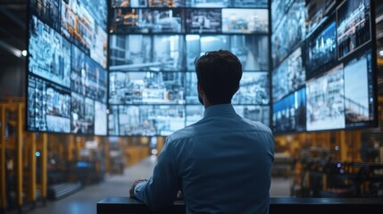 Industrial manager monitoring production process, analyzing data displayed on multiple screens in factory control room, ensuring smooth operations and high productivity