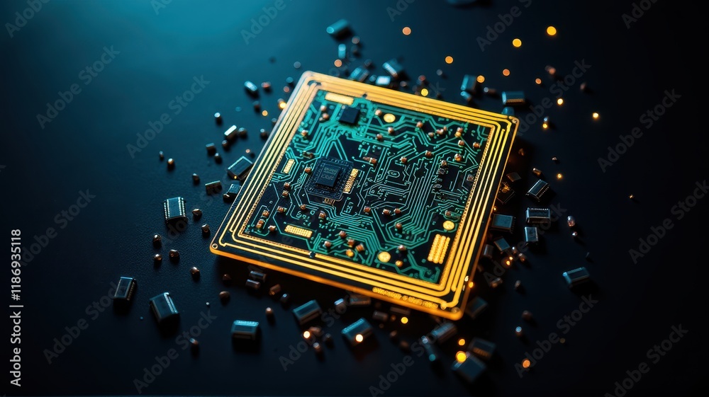 Aufkleber high-resolution topdown view of intricate circuitry with glossy microchips and sparkling elements on