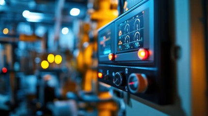 Modern control panel with digital display and knobs regulating manufacturing process in advanced industrial facility, ensuring efficient production and quality control