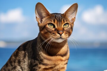 Obraz premium Portrait of a happy havana brown cat isolated on serene seaside background