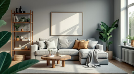 sunlit living room with grey sectional sofa wooden coffee table