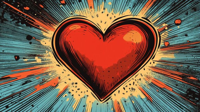 Vibrant red heart exploding with color and energy.