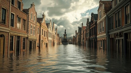 Fototapeta premium Flooded streets in historic city with submerged architecture and cloudy sky.