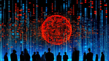 Obraz premium Digital World: Global Data Stream. Silhouetted figures stand before a massive, glowing orb pulsating with digital data, symbolizing the interconnectedness of our global digital landscape. 