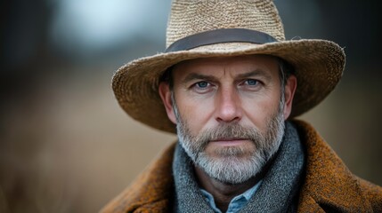 Fototapeta premium Thoughtful man in a straw hat and warm coat, staring into the distance, showcasing intense expression and rugged charm in an outdoor setting during the day