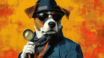 Stylish Dog Detective in Sunglasses with Magnifying Glass, Wearing a Coat and Hat Against a Bright and Colorful Background in Vibrant Tones of Orange and Yellow